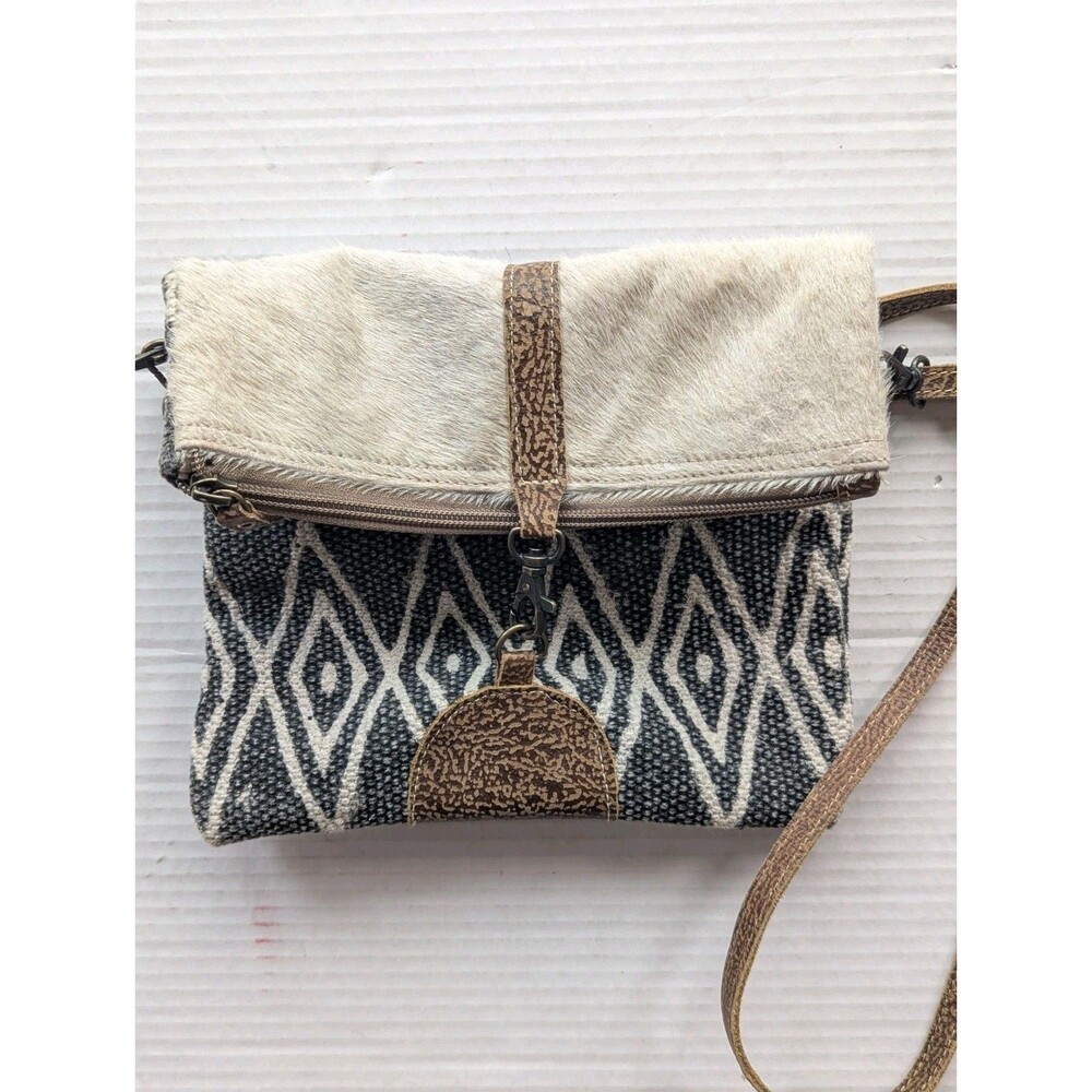 Myra BagCowhide Leather Western Crossbody Woven Zip Bag Adjustable Strap